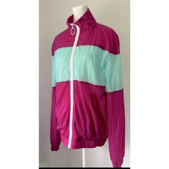 American Apparel Track Jacket Size S Full Zip Windbreaker Fuchsia & Aqua Nylon - Picture 2 of 6